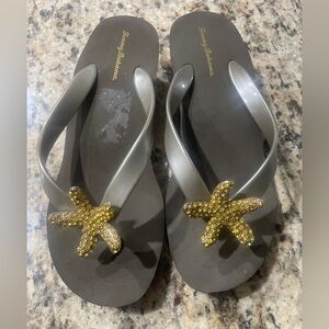 Tommy Bahama Gray Flip Flops with Gold Starfish Rhinestones